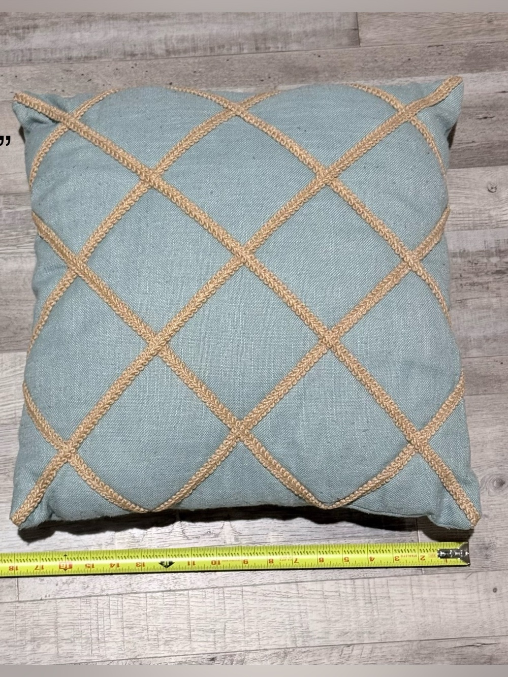 Decorative Light Blue Toss Pillow with Tan Lattice Trim
